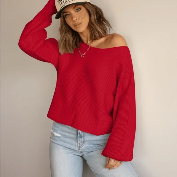 NWOT Magnolia Vibrant Red Off-Shoulder Sweater - Picture 2 of 8